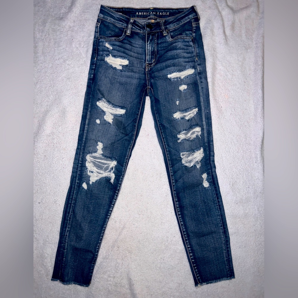 American Eagle Women Hi-Rise Distress Crop Jegging Jeans | Size 4 | Dark Denim |